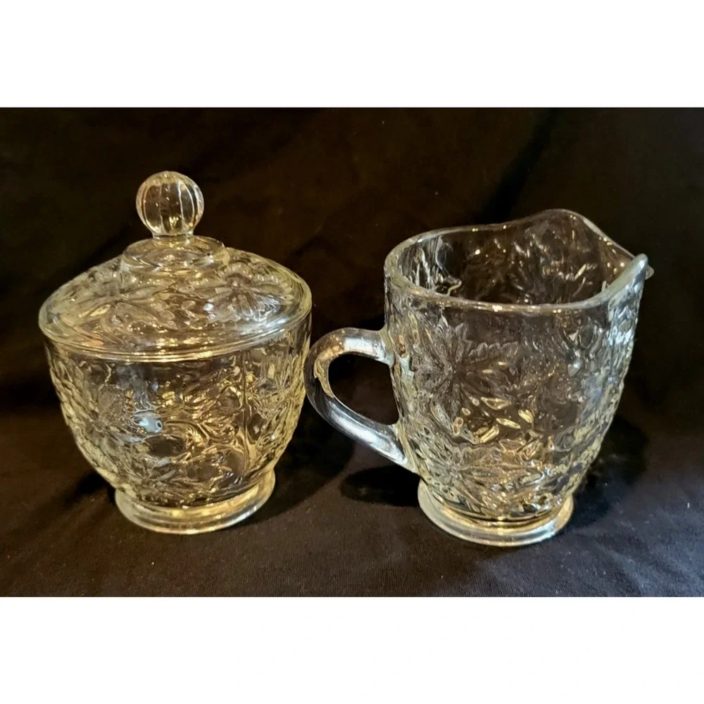 Princess House Vintage Glass Sugar Bowl and Creamer set - Poinsettia Design